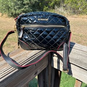 MZ Wallace Black Quilted Crossbody Bag with Red Accents